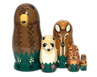 NEW!! Forest animals (5 dolls) Nesting dolls for kids - Matryoshka - Russian nesting dolls - Babushka doll - Bear - Reindeer - Raccoon - -