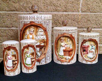 Sears Roebuck 1978 Canister Set with Salt and Pepper Shakers - Country Kitchen- Pioneer Decor - Vintage Ceramic Canisters