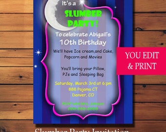 Slumber Party Invitation, Sleepover Invitation, Pajama Party Invitation, Stars and Moon Party Invitation, Edit Yourself Instant Download PDF