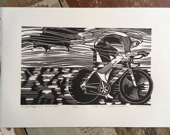 Free shipping // Contre-La-Montre // Original linocut print