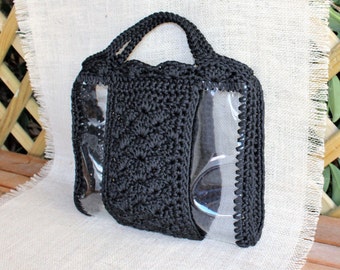 Black crochet bag, Clear stadium bag, Clear clutch, Clear transparent purse, Stylish vinyl handbags, Unique woman gift, Handmade purse