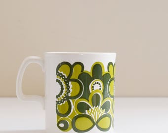 Retro Floral Staffordshire Mug - Full Sized Coffee or Tea Mug - Green Floral pattern - 1970's Era