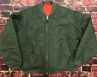 Vintage 90s Alpha MA-1 Bomber Jacket Mens Size 2X 2XL Vintage Military Flight Bomber Jacket Army Olive Green & Safety Orange