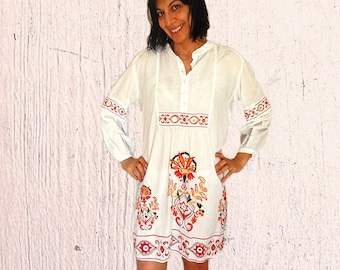 Plus size Mexican dress embroidered mexican shirt dress white cotton short peasant dress long sleeved vintage ethnic bohemian dress 12-14