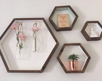 Set of 4 Hexagonal Wooden Shelves