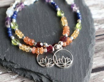 Chakra Bracelet, 7 Gemstone Chakra Bracelet, Lotus Bracelet, Chakra Balancing Jewellery, Gemstone and Silver Lotus Jewellery, Yoga Jewelry