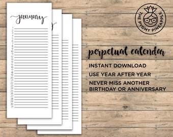 Hand Lettered Perpetual Birthday Anniversary Calendar