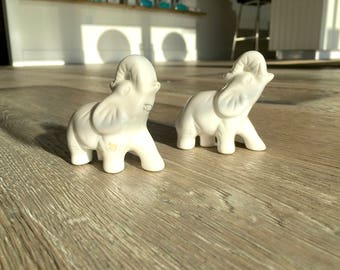 Set of 2 White Porcelain Elephant Ornaments Home Figurine Statues