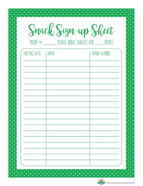 Instant Download Snack Sign up Sheet In Green Editable