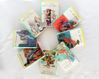 8 Vintage Green Hardback Books, Youth Books, Paperback, Sci-Fi, French Litterature Selection, Hachette, Bibliothèque Verte, France, 1970s