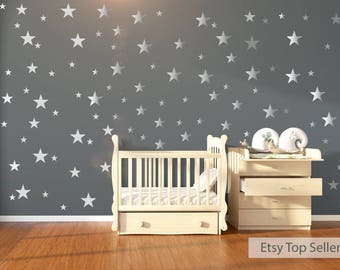 Wall Decals, Wall Stickers, 120 Silver Metallic Stars, Nursery Wall Stickers, Babies Wall Art Decal , Vinyl, Wedding, Wallpaper Art Decor