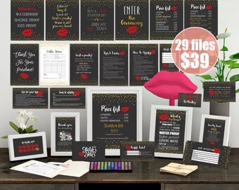 LipSense Business Cards, Lipsense Bundle Pack, Lipsense Marketing Kit, Lipsense Cards Bundle,Marketing Set, Gold Confetti, Red Lips, Black