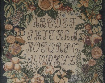 Vintage BELGIAN TAPESTRY – Featuring Fruit Floral Alphabet Design - Woven Panel - Cushion Size - Wall Hanging - Wall Décor.