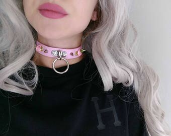 Pink O-Ring Rose buds and spikes Choker Faux Leather (Day Collar, Pastel Goth, Kitten Play, DDLG, BDSM)