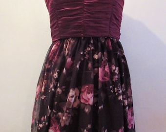 Purple floral mesh dress with ruched bodice and thin straps