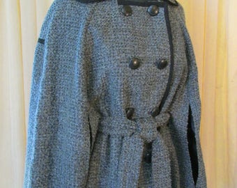 Vintage Double-Breasted Gray Tweed Cloak Jacket Cape with Belt