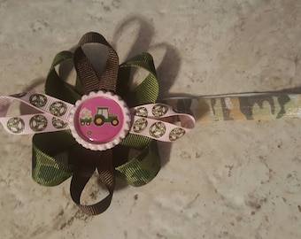 John Deere Pink and Camo Ribbon Elastic Headband