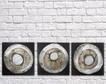 3 Discs, original abstract painting, ceramic, mixed media, textured painting, acrylic painting, modern art, silver, clay