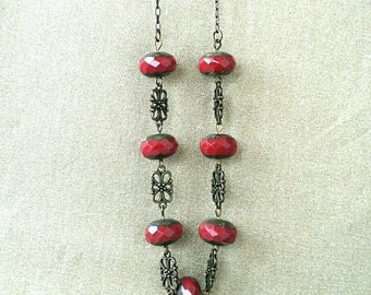 Burgundy bronze Bohemian beads necklace