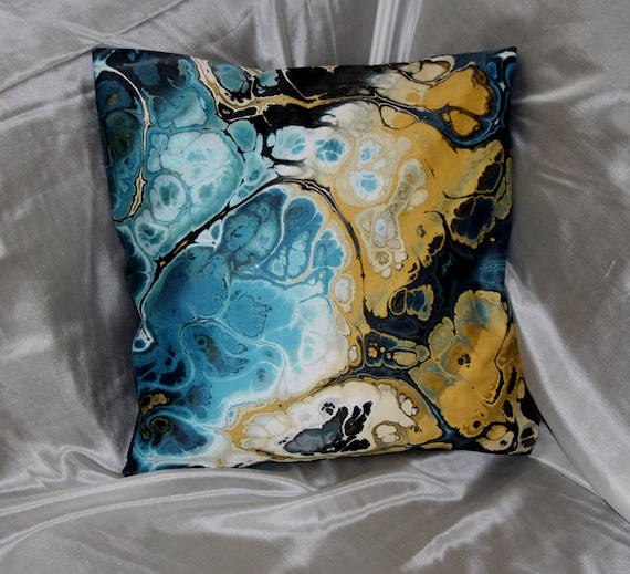 Handmade Lightening Blue Gold Throw Decorative Designer Artist Created Pillow 18 inch Square with Zipper and Insert