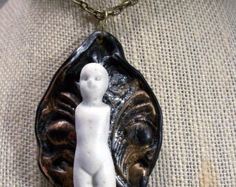 Antique German Doll Body Damaged Stained Shabby Art Necklace Psychobilly Found Object Novelty Kitsch Original Rare Costume Jewelry OOAK