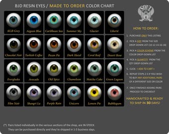 MADE TO ORDER Handmade Urethane Eyes Color Chart, Doll eyes, bjd Eyes, Urethane eyes, Resin eyes, Fantasy eyes, Realistic eyes