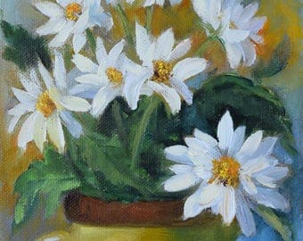Small Still Life Art White Daisies In Lime Green Vase,Original Canvas Painting By Cheri Wollenberg