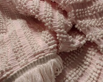 Vintage Chenille Fabric Morgan Jones Pink / White Pearls with Lurex Thread / 1/2 Vintage Cutter Bedspread / White Fringe