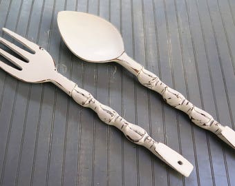 Carved Wood Tiki Totem Pole fork and spoon Wall Art - Painted White and distressed perfect Dining Decor