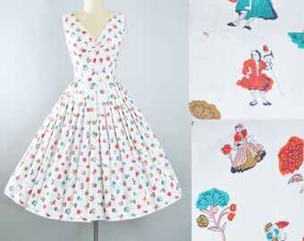 Vintage 50s Novelty Print Dress / 1950s Cotton Sundress ROCOCO 18th Century Debutante Floral Rose Full Skirt Pinup Garden Party XS Small S