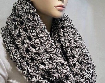 Crochet, Black Crochet Infinity Scarf, Crochet Scarf, Infinity Scarf, Black Infinity Scarf, Gray Infinity Scarf, Black and White Scarf