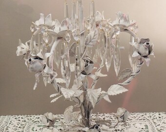 Vintage Italian White Floral Candelabra with Crystals, Italian Tole Candelabra with Roses, Metal Candle Holder, Shabby Chic Cottage Lighting