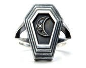 Ready to Ship Size 6-8 - Dark Moon Coffin - Sterling Silver Mourning Ring with Black Diamond Crescent