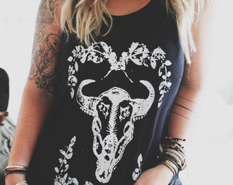 Gypsy Antelope Skull Tee, Off shoulder shirt, Customizable Shirt, Teen Girl shirt, Gifts for her, Boho Shirt, Bohemian Shirt, Gypsy Shirt