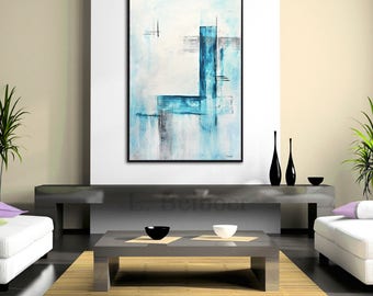 Abstract Painting 24 x 36 original modern art large blue white contemporary acrylic painting cuadro wall art artwork canvas by L.Beiboer
