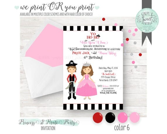 PRINTABLE INVITATION. Princess and Pirate Birthday Party. Includes Hair Color of Choice & Multiple colors. We-print OR you-print Il_570xn