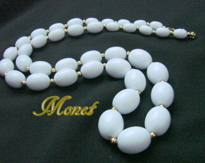 Vintage Monet Designer Signed White Lucite Bead Necklace / Goldtone Beads / Retro Jewelry / Jewellery