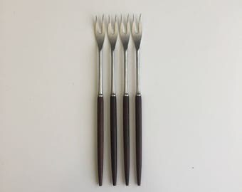 Four Vintage Swiss Mid Century Rosewood Meat Fondue Forks