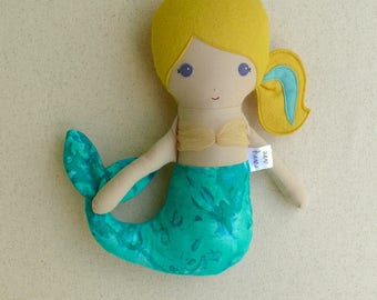 Fabric Doll Rag Doll Small 12 Inch Mermaid Doll with Gold Tulle Top and Green Swirl Tail