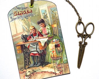 Bookmark with Bronze Pendant - Vintage Poster - Sewing Machine - Handmade