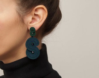 Large dangle earrings dark green navy, Statement earrings, Dangle stud earrings, Dark green modern earrings stud, Large minimalist earrings
