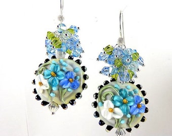 LAMPWORK Lampwork argent925.bleu swarovski crystal earrings.