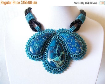 15% SALE Statement Beadwork Bead Embroidery Pendant Necklace with blue sea sediment jasper - BLUE GARDENS - blue, black and mint