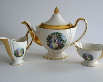 Royal Winton Grimwades England Vintage Tea Pot and Cream and Sugar, Victorian Scene