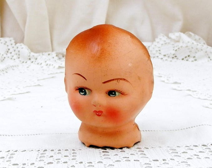 Vintage French Unused Hand Painted Doll's Head Made of Plaster Covered Cardboard, Puppet's Bust with Painted Features, Retro Toy Parts
