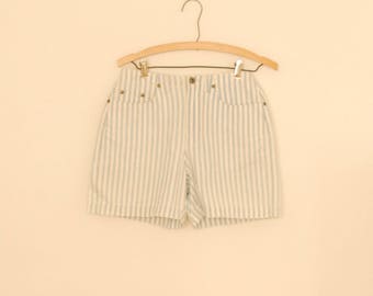 Light Blue and White Striped Denim Shorts - 1980s