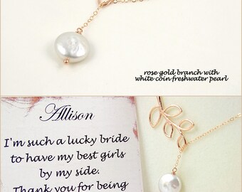 Rose gold pearl necklace, lariat necklace for wedding fashion jewelry handmade gift ideas for wife, gifts for women