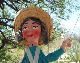 Mexican Marionette Puppet HANDMADE Vintage Mexican Folk Art Marionette, String Puppet circa 1970s Mexico,