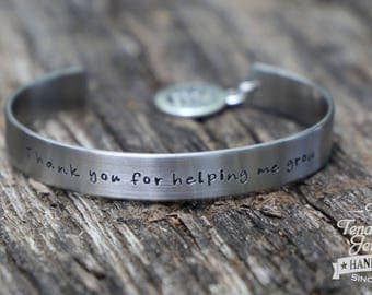 Thank you for helping me grow Stainless cuff with charm Hand stamped stainless cuff Teacher Gift Teacher appreciation
