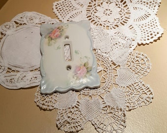 Vintage Porcelain Hand Painted Light Switch Plate Cover...Faciane Arts...Estate Sale Find...Single Switch Cover...Roses...Shabby Chic